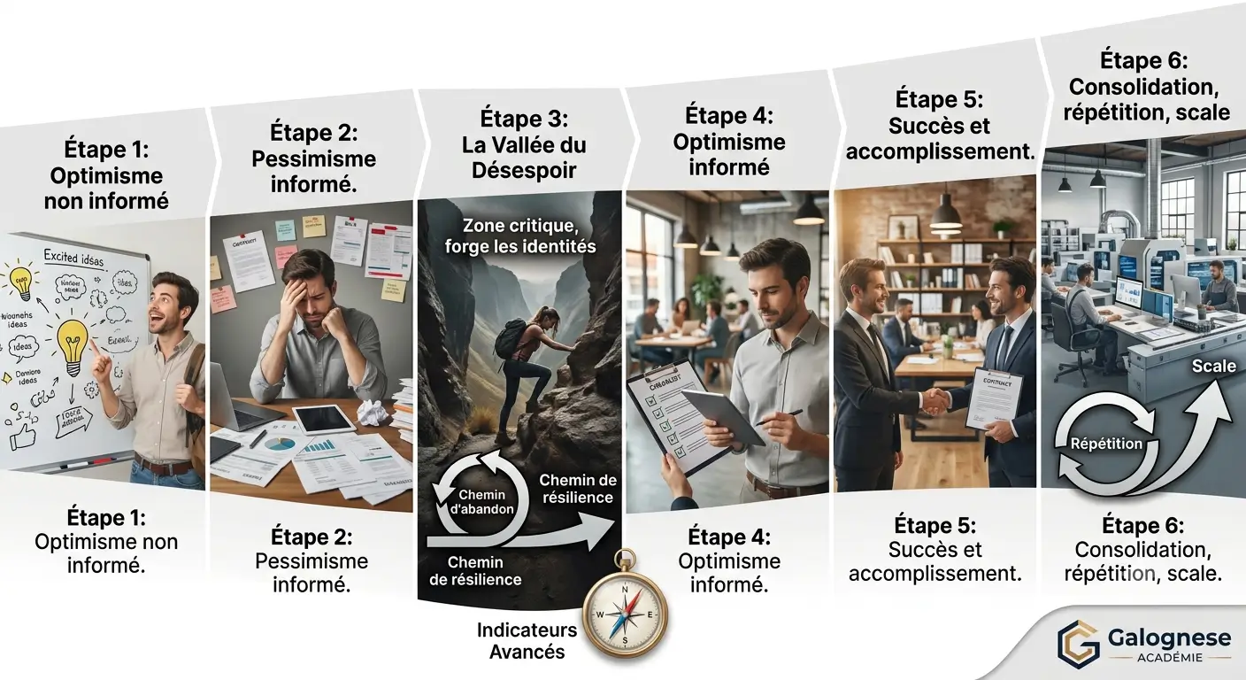 Les six étapes du parcours entrepreneurial : optimisme non informé, pessimisme informé, vallée du désespoir, optimisme informé, succès, consolidation