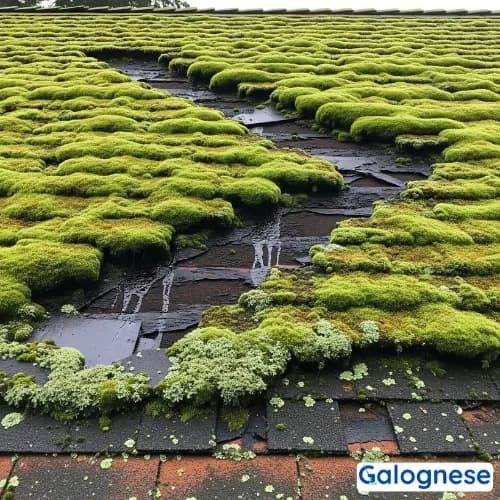 Toiture endommagée par les mousses et lichens