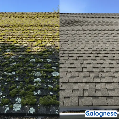 Démoussage de toiture avant/après montrant l'élimination des mousses et lichens