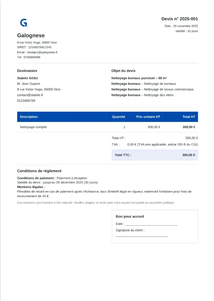 Exemple de modèle devis nettoyage PDF prêt à remplir