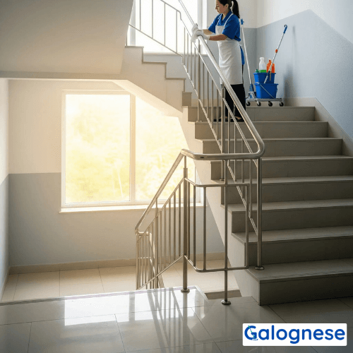 Professionnel du nettoyage d'immeuble en action
