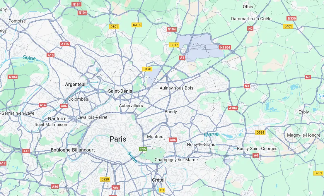 Carte statique montrant la zone d'intervention de GGY PROPRETÉ à Paris et en Seine-Saint-Denis