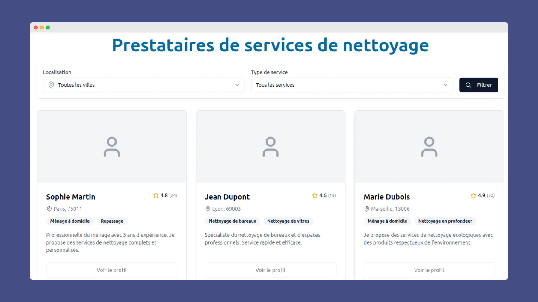 Recherchez des prestataires de nettoyage qualifiés