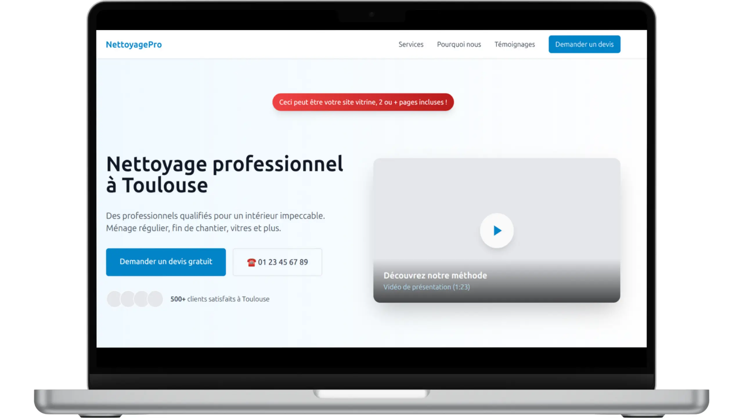 Exemple de page vitrine pour entreprise de nettoyage