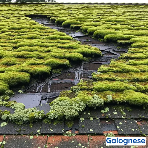 Toiture endommagée par les mousses et lichens